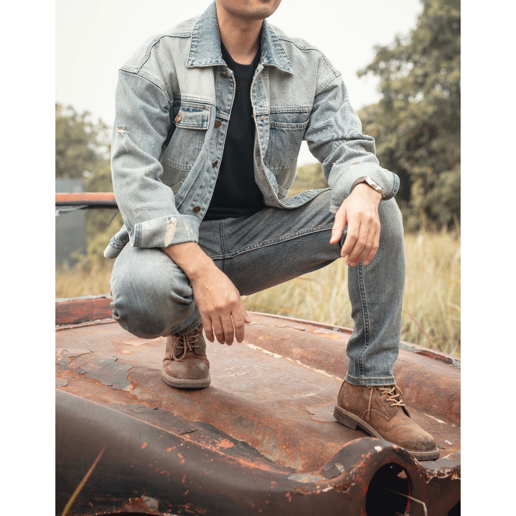 Áo khoác jean nam LAB+ COTTONLAB màu xanh wash vải Denim form crop - LAB230903