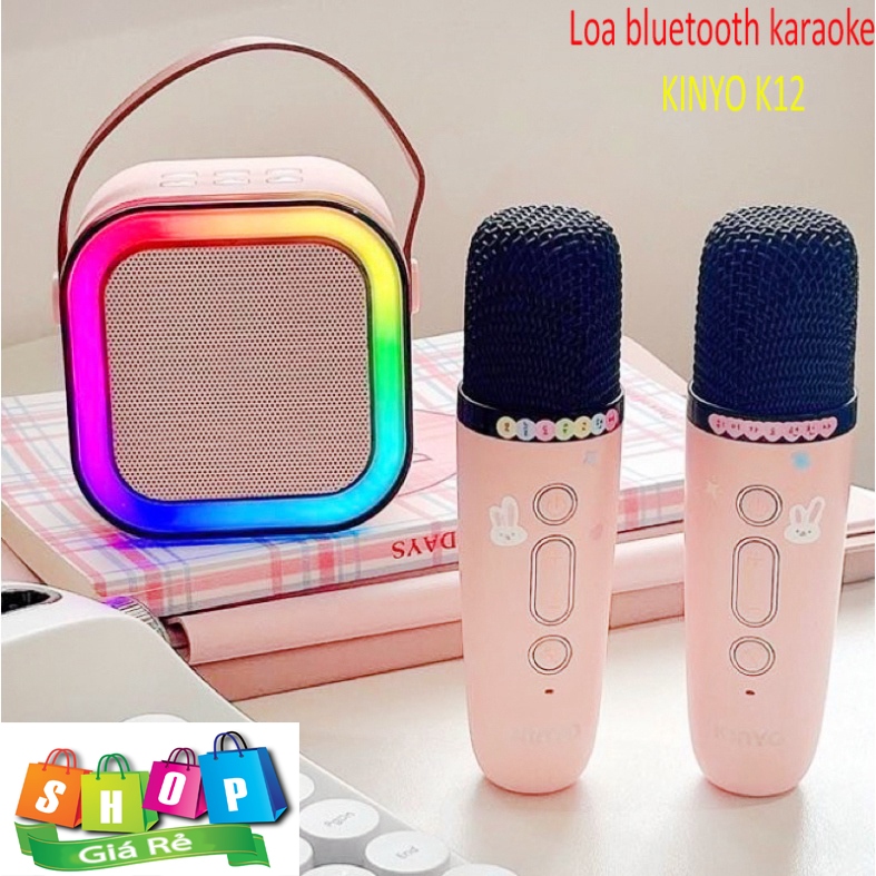 Loa bluetooth karaoke Kinyo K12 tặng kèm 2 mic và sticker,loa karaoke không dây âm thanh bass hay cùng đèn led có BH