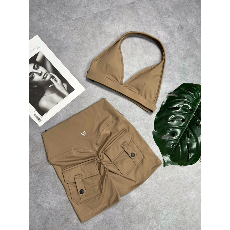 Bộ tập đùi thể thao gym yoga nữ Tomtiger chất vải thun poly cao cấp, bra yếm hở lưng.