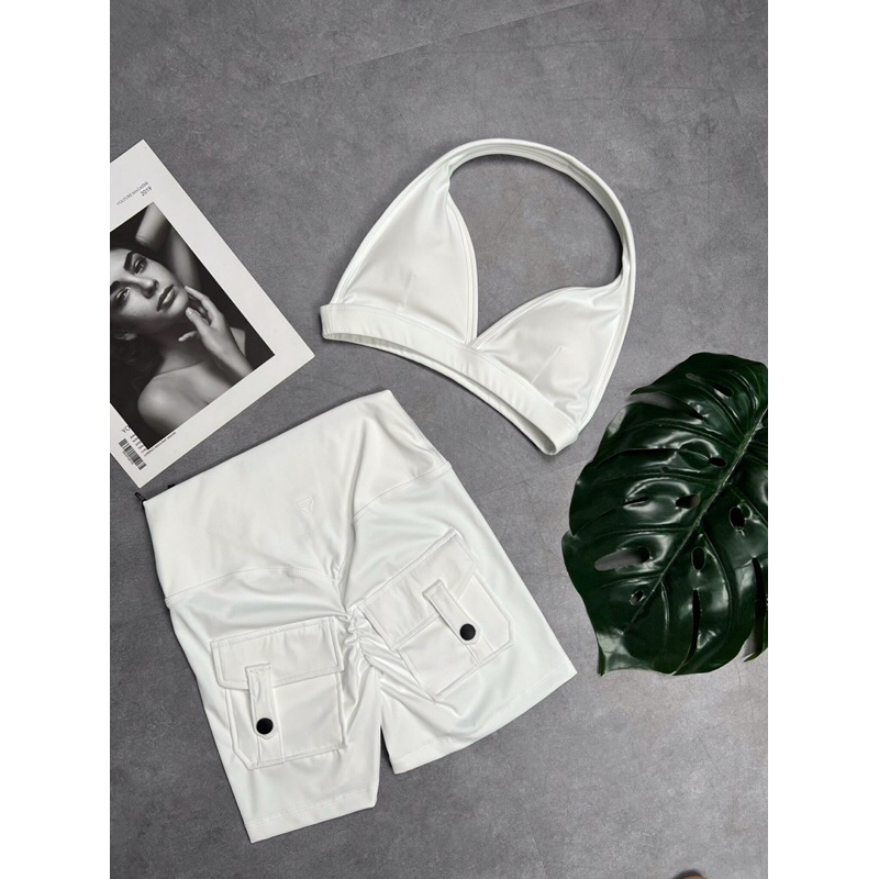 Bộ tập đùi thể thao gym yoga nữ Tomtiger chất vải thun poly cao cấp, bra yếm hở lưng.