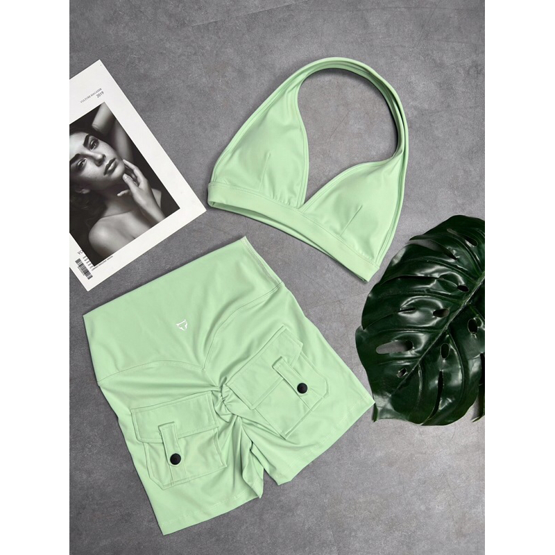 Bộ tập đùi thể thao gym yoga nữ Tomtiger chất vải thun poly cao cấp, bra yếm hở lưng.