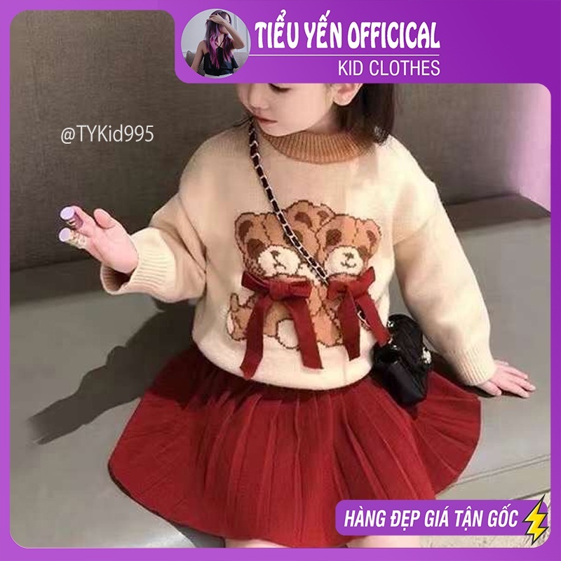 Quần áo trẻ em, Set len cao cấp bé gái mặc Noel - Tết, áo len gấu kem chân váy xòe đỏ cho bé 13-30kg S995 | Tiểu Yến KID