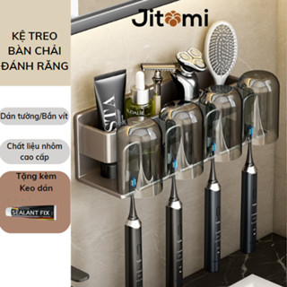 Giá treo bàn chải đánh răng kèm cốc dán tường nhôm cao cấp không gỉ kệ bàn chải đa năng JITOMI