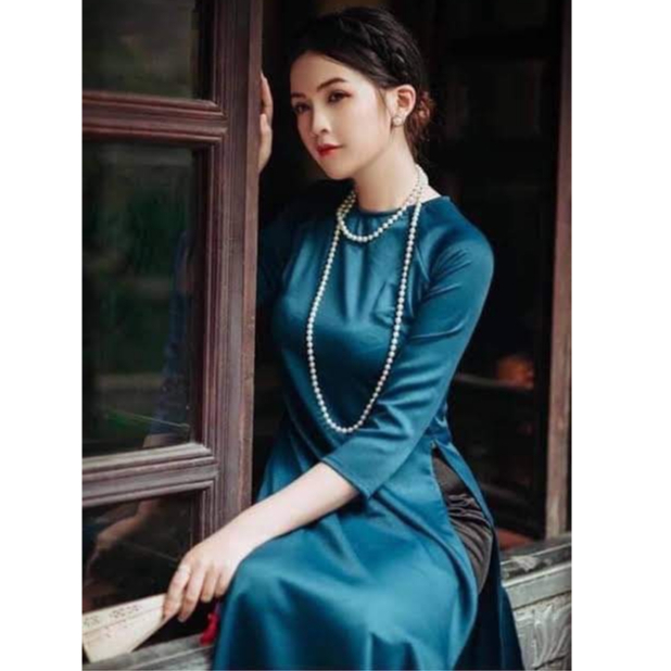 Áo dài truyền thống 2 tà Lụa Ngọc Trai xanh cổ vịt tay lỡ,cổ tròn.NT120