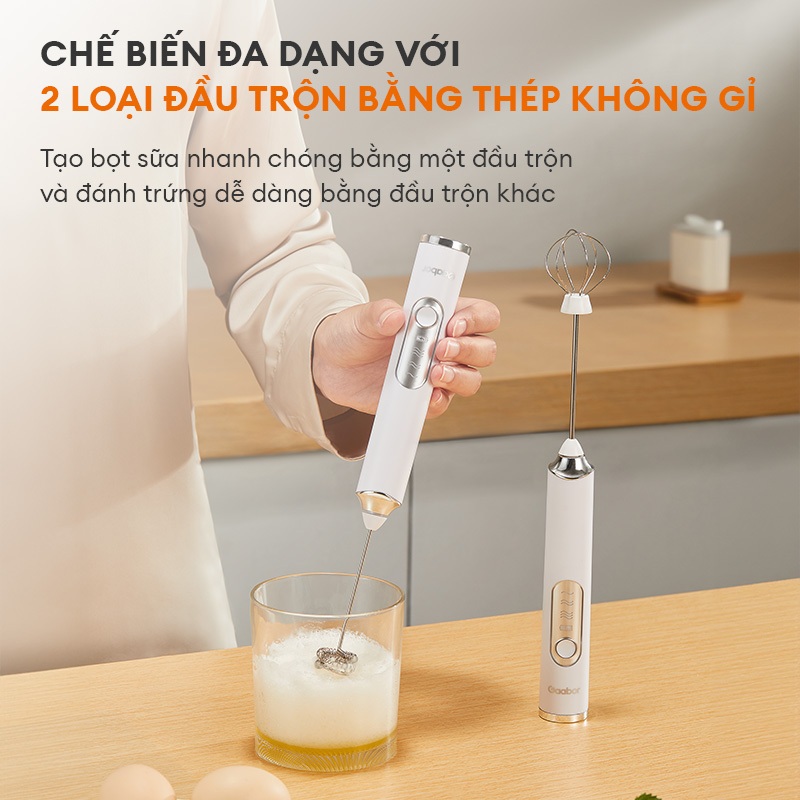 Máy tạo bọt sữa Gaabor EG04M-WH01A dụng cụ đánh trứng khuấy bột bọt cà phê mini đa năng cổng sạc USB