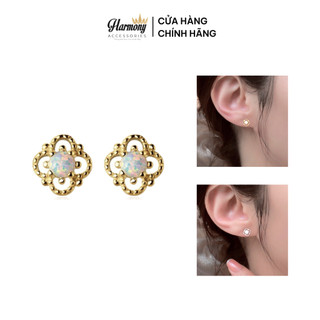 Khuyên tai tròn nữ bạc hình hoa 4 cánh đính đá nhiều màu Rosa | HARMONY ACCESSORIES K105