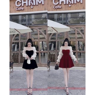 Đầm nữ dự tiệc chất nhung cổ vuông cúp ngực có mút tay voan dài tiểu thư váy xoè thời trang QC