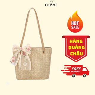 Túi cói Đi Biển Du Lịch nơ hoa hồng LUHAZO  phong cách vintage Hàn Quốc Mẫu Mới K3T5-3