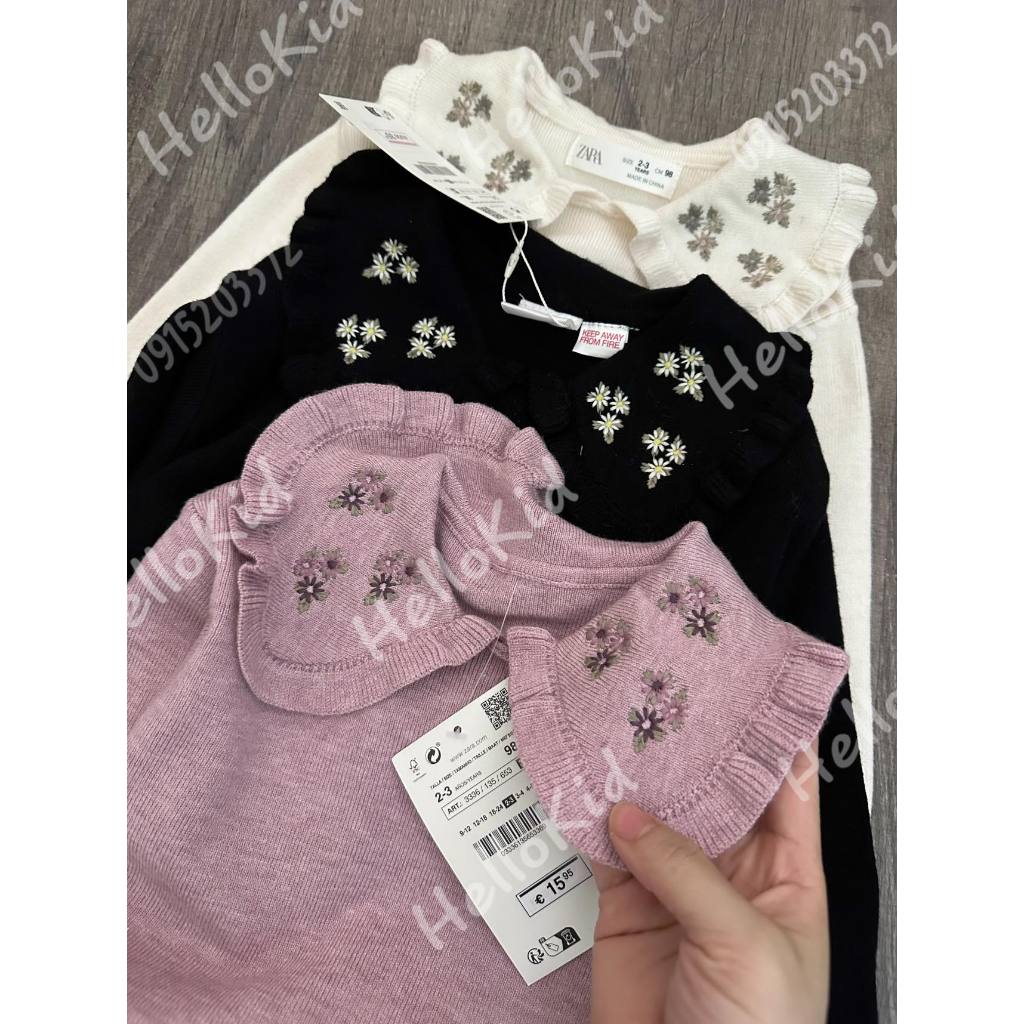 Áo len cổ thêu hoa dệt kim bé gái