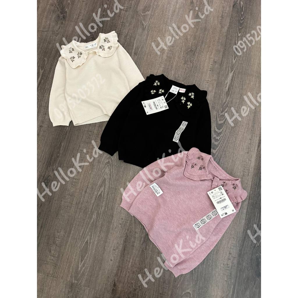 Áo len cổ thêu hoa dệt kim bé gái