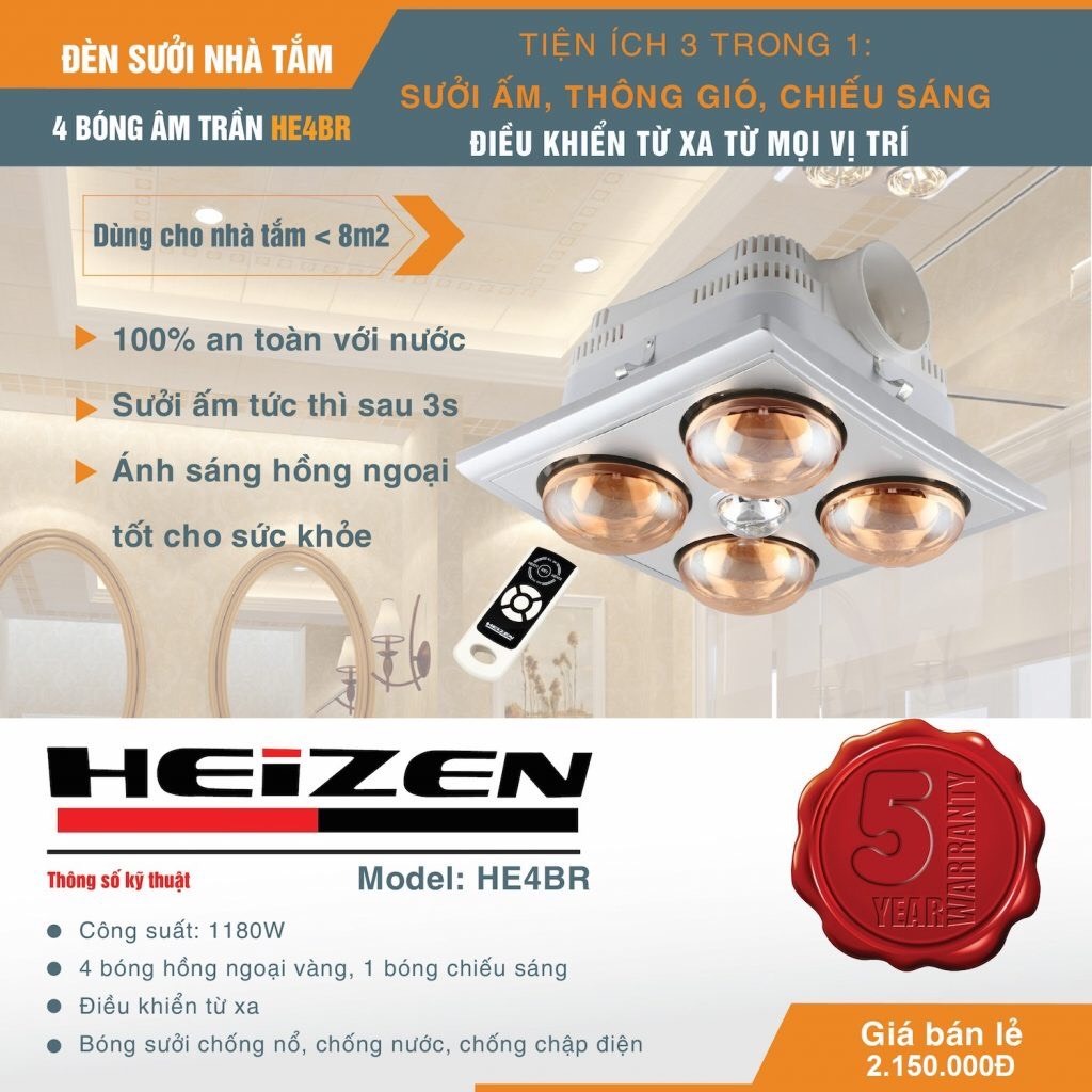 Đèn sưởi nhà tắm Heizen 4 Bóng Âm Trần Hồng Ngoại HE4BR/HE9, có điều khiển từ xa quạt thông gió và đèn chiếu sáng