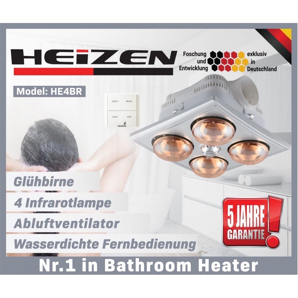 Đèn sưởi nhà tắm Heizen 4 Bóng Âm Trần Hồng Ngoại HE4BR/HE9, có điều khiển từ xa quạt thông gió và đèn chiếu sáng