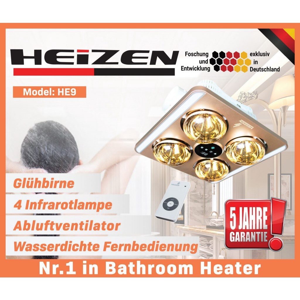 Đèn sưởi nhà tắm Heizen 4 Bóng Âm Trần Hồng Ngoại HE4BR/HE9, có điều khiển từ xa quạt thông gió và đèn chiếu sáng