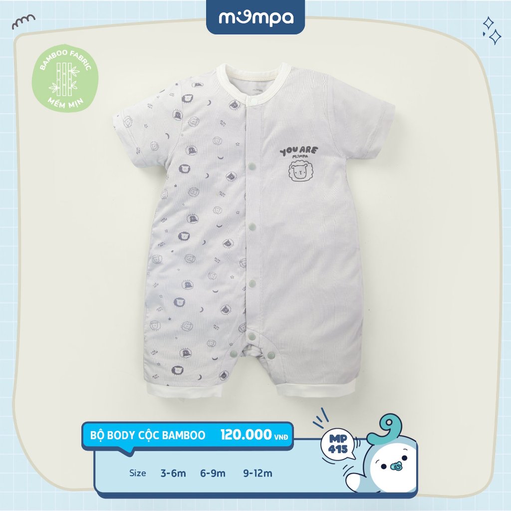 Bodysuit cho bé sơ sinh Mompa 3-12 tháng cộc tay vải sợi tre BAMBOO cúc giữa mềm mại thoáng mát co giãn 415