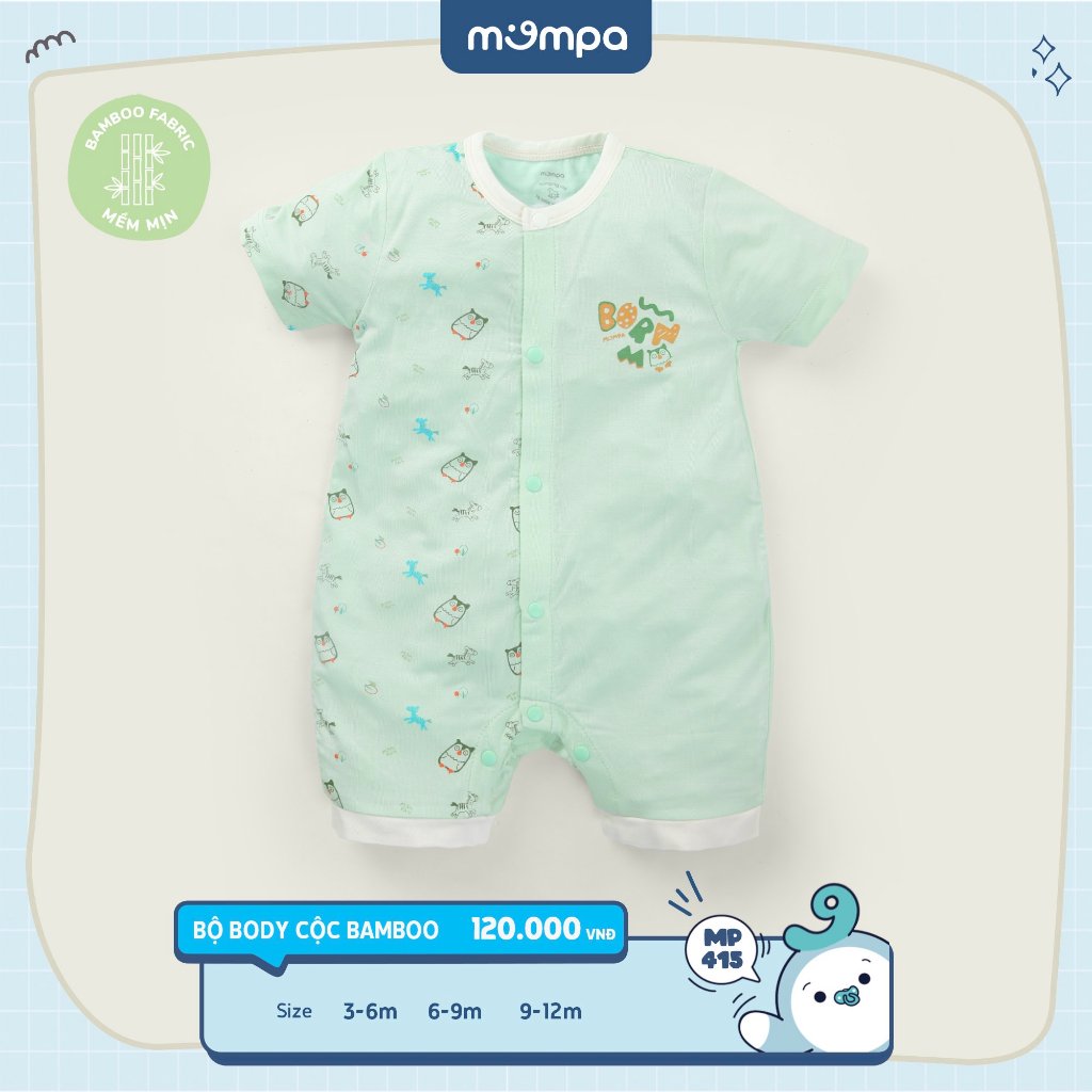 Bodysuit cho bé sơ sinh Mompa 3-12 tháng cộc tay vải sợi tre BAMBOO cúc giữa mềm mại thoáng mát co giãn 415