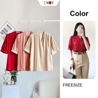 Áo lụa tay ngắn cổ v xếp ly sang trọng envy a333