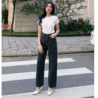HASHTAGEM - Quần Jeans Nữ Ống Suông Rộng Loose Jeans Dark Grey LSJ.6, Lưng Cao, Chất Cotton Cao Cấp Thanh Lịch
