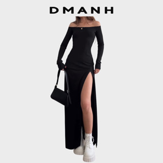  Dmanh - D2 Váy Đầm body TRỄ VAI xoè xẻ tà nhọn màu đen siêu dài chạm đất trang trọng minimalist fashion đơn giản 