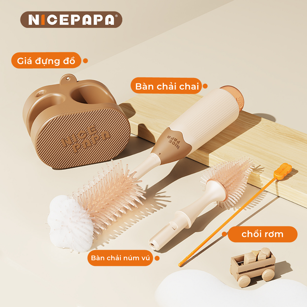 Bộ chổi cọ bình tạo bọt NICEPAPA 5 món cao cấp làm sạch 360 độ, chất liệu an toàn kèm giá đỡ cho bé chính hãng