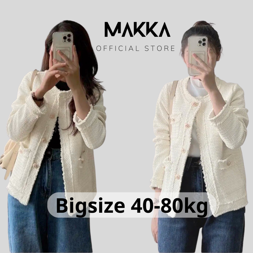 Áo khoác nữ Makka áo khoác dạ tweed cổ tròn phối tua rua 3921