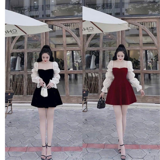 Đầm váy nhung dáng xoè phối tay voan tay dài bồng sang trọng Ht0176