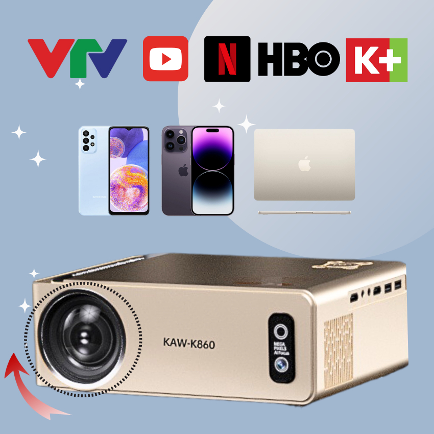 Máy Chiếu Mini KAW K860, Máy Chiếu Gia Đình Chính Hãng, Độ Sáng Cao 3500 Lumens, Độ Phân Dải 1080 Hộ Trợ 4K
