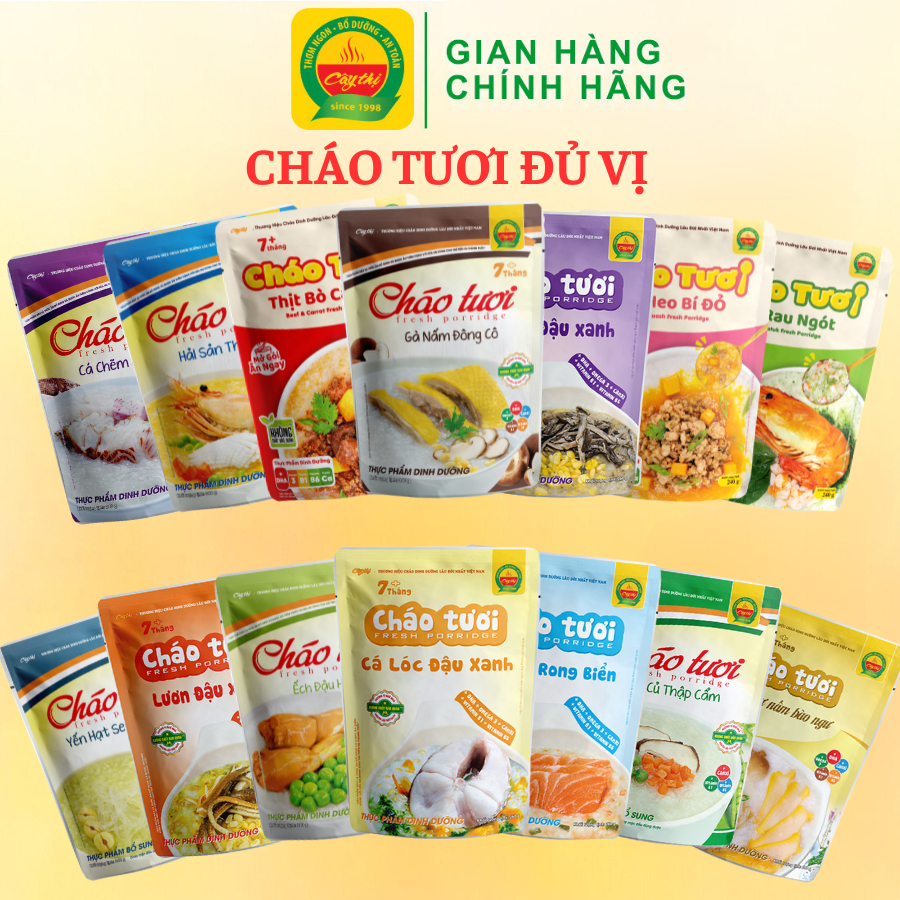 14 Vị Cháo Tươi Cây Thị - Bào ngư, Yến, Gà ác, Cá hồi, Cá lóc, Tôm, Ếch, Lươn, Bò, Heo, Hải sản, Cá chẽm, Gà nấm, Rau củ