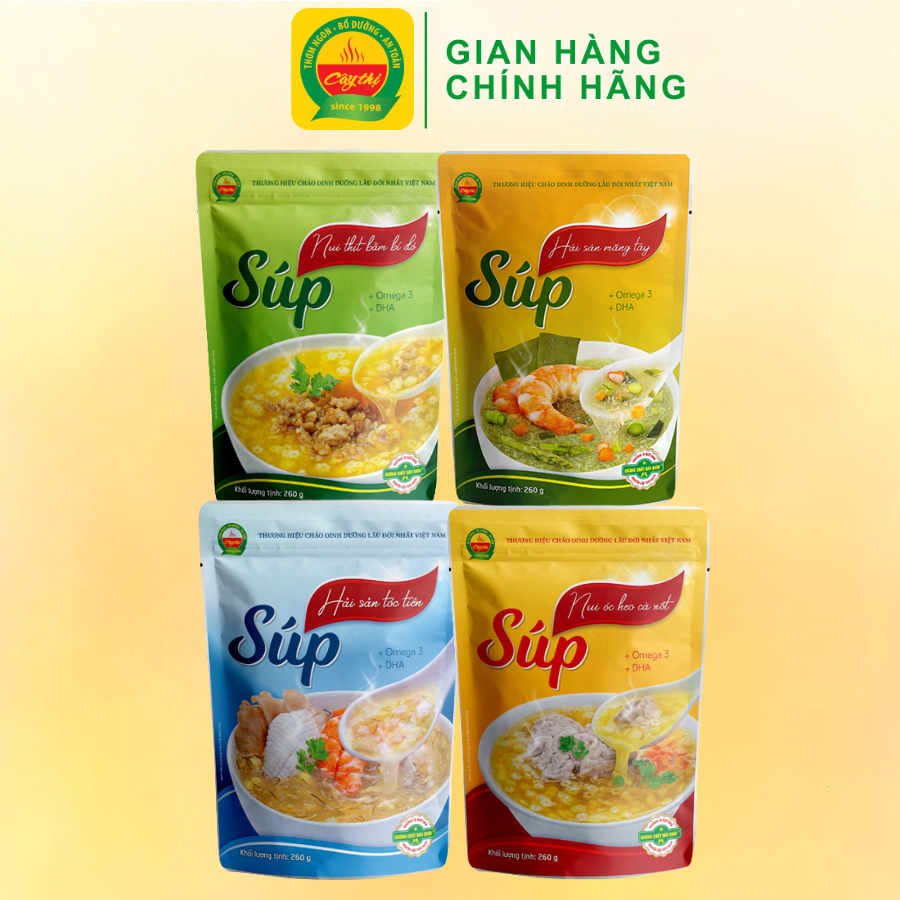 Combo 04 Gói Súp Dinh Dưỡng Cây Thị: Nui Thịt Bằm Bí Đỏ, Nui Óc Heo Cà Rốt, Hải Sản Tóc Tiên, Hải Sản Măng Tây