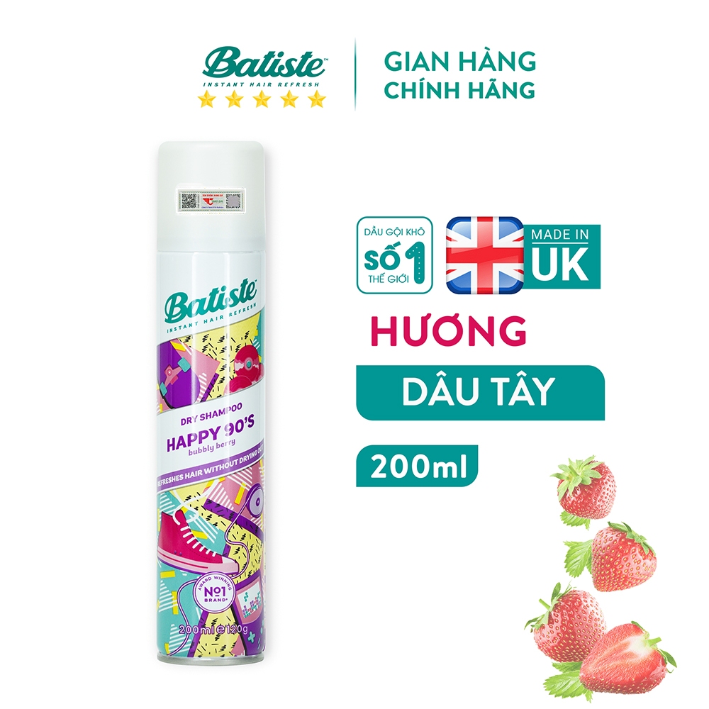 Dầu Gội Khô Batiste Hương Dâu Tây - Batiste Dry Shampoo Happy 90's Bubbly Berry 200ml