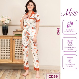 BỘ NGỦ LỤA CỘC TAY QUẦN DÀI , BỘ MẶC NHÀ PIJAMA LỤA LATIN PHÁP CAO CẤP HỌA TIẾT HOA SANG TRỌNG - CD69 - HOA CHẤM BI