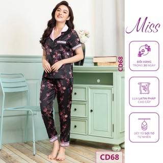 BỘ NGỦ LỤA CỘC TAY QUẦN DÀI , BỘ MẶC NHÀ LỤA CAO CẤP - CD68 - HOA ĐỎ
