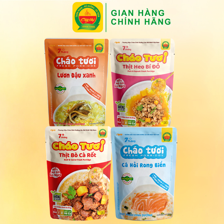 Combo 4 Gói Cháo Tươi Cây Thị Vị: Cá Hồi, Lươn Đậu Xanh, Thịt Bò, Thịt Heo