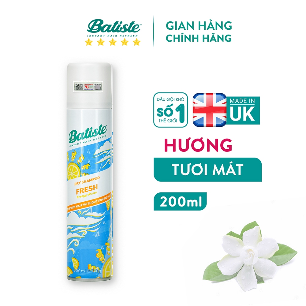 Dầu Gội Khô Batiste Tươi Mát Tức Thì - Batiste Dry Shampoo Light & Breezy Fresh 200ml