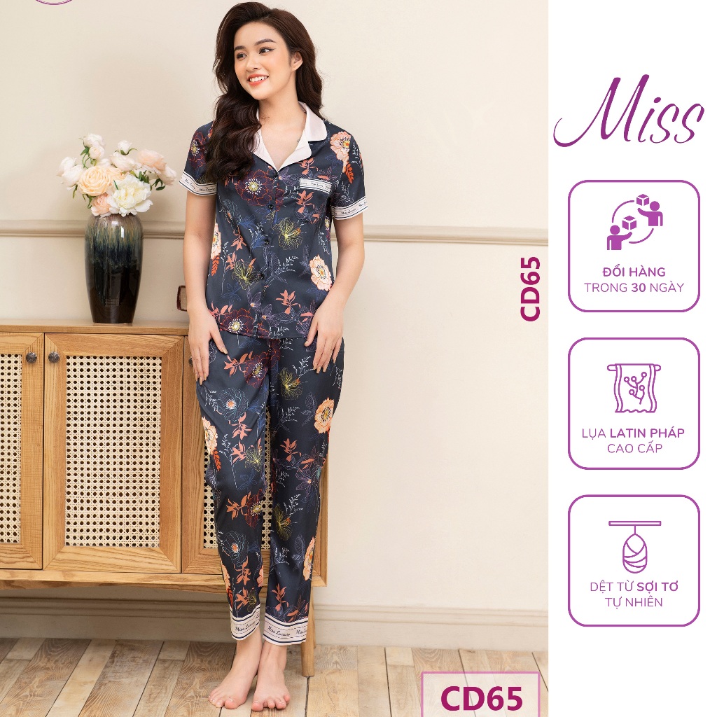 BỘ NGỦ LỤA CỘC TAY QUẦN DÀI, BỘ PIJAMA LỤA CAO CẤP HỌA TIẾT HOA SANG TRỌNG - CD65 - HOA SẮC MÀU
