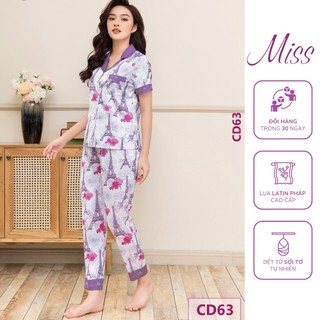 BỘ NGỦ LỤA CỘC TAY QUẦN DÀI, BỘ PIJAMA LỤA CAO CẤP, BỘ MẶC NHÀ NỮ - CD63 - THÁP EIFFEL