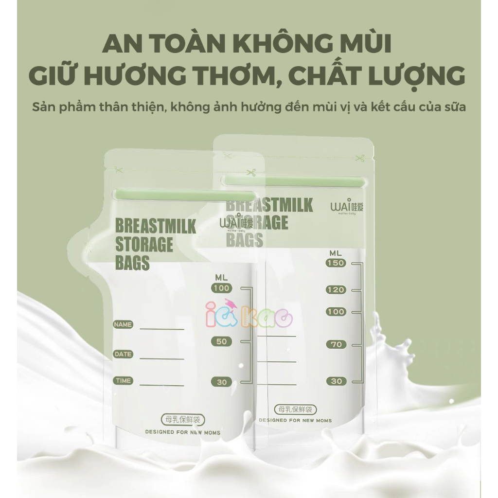 Hộp 30 túi trữ sữa mẹ có vòi 180ml, 200ml IQ Kao nhựa an toàn, khóa zip chống tràn tiện lợi, vạch chia dễ dàng sử dụng