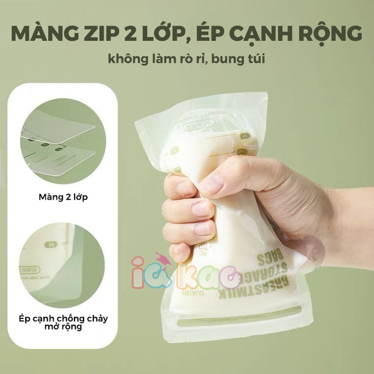 Hộp 30 túi trữ sữa mẹ có vòi 180ml, 200ml IQ Kao nhựa an toàn, khóa zip chống tràn tiện lợi, vạch chia dễ dàng sử dụng