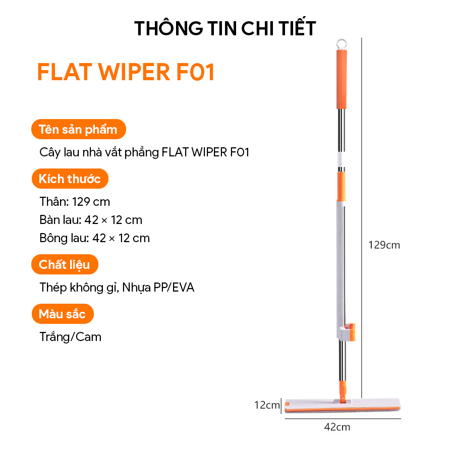 Cây lau nhà tự vắt thông minh, chổi lau nhà tự vắt thiết kế silicon gạt nước đa năng GOSI FLAT WIPER F01