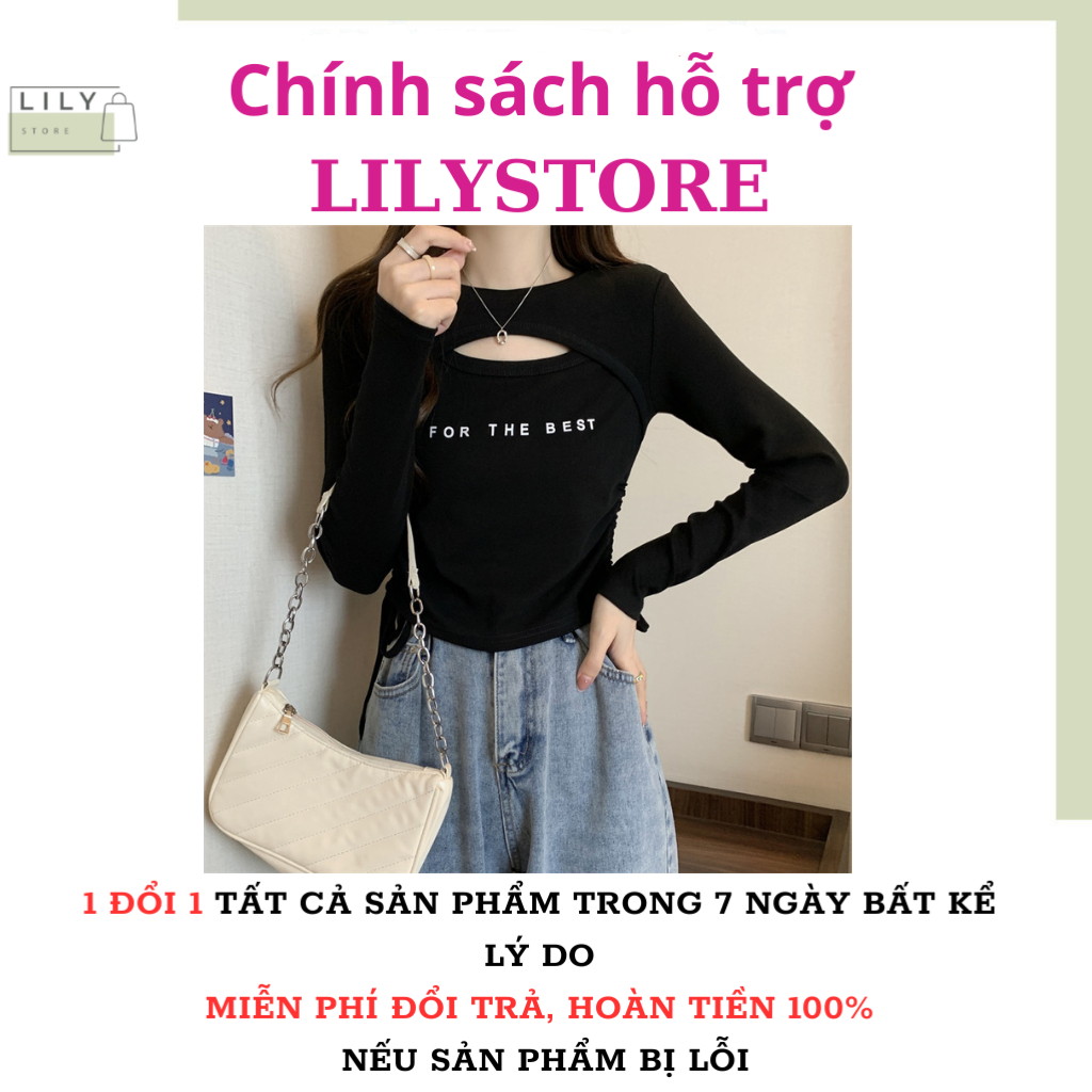 Áo thun dài tay nữ LILY, kiểu áo khoét ngực croptop dây rút AT31