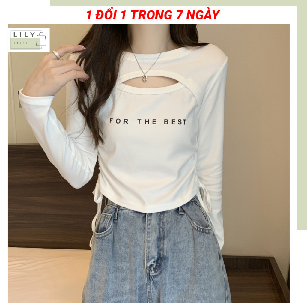 Áo thun dài tay nữ LILY, kiểu áo khoét ngực croptop dây rút AT31