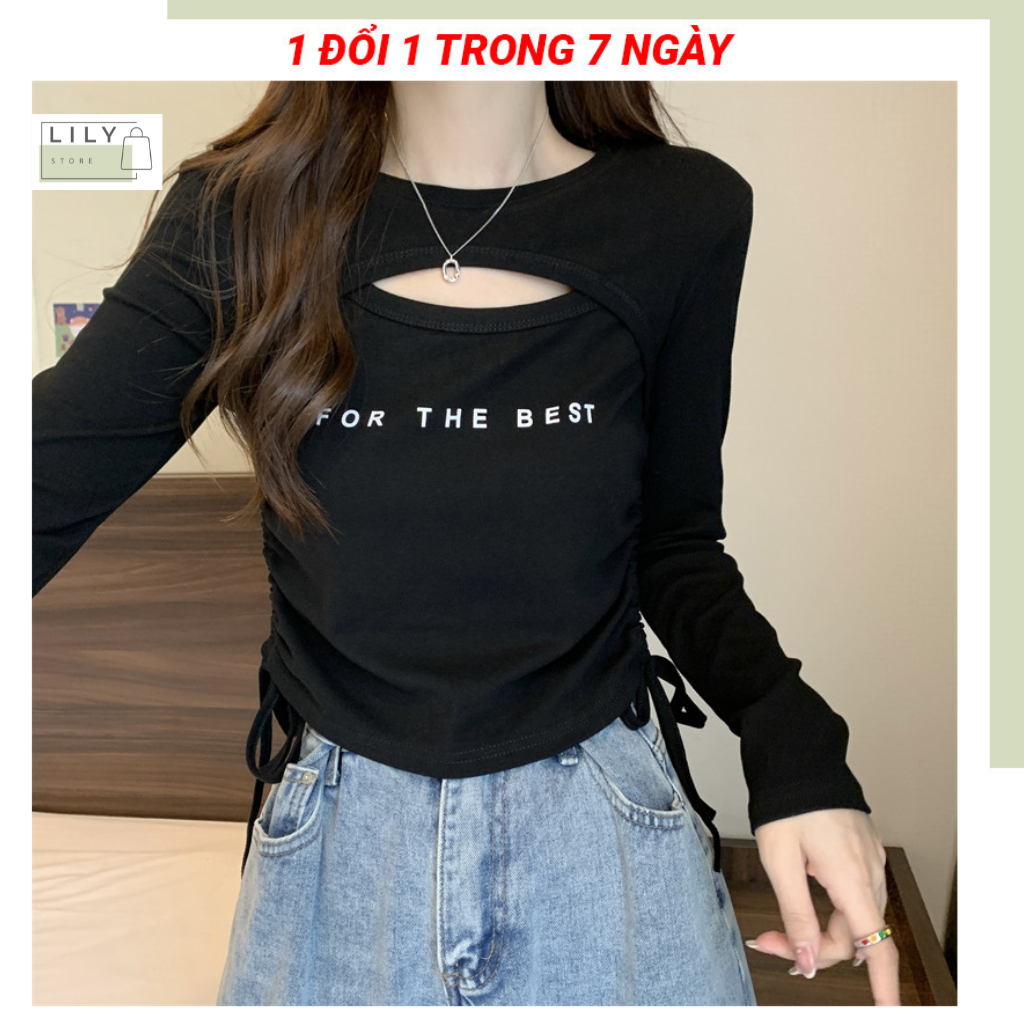 Áo thun dài tay nữ LILY, kiểu áo khoét ngực croptop dây rút AT31