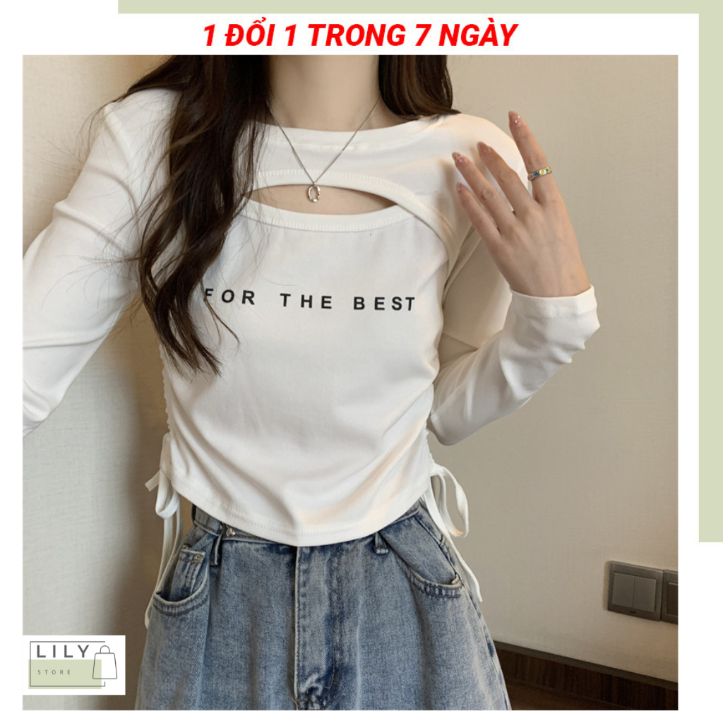 Áo thun dài tay nữ LILY, kiểu áo khoét ngực croptop dây rút AT31