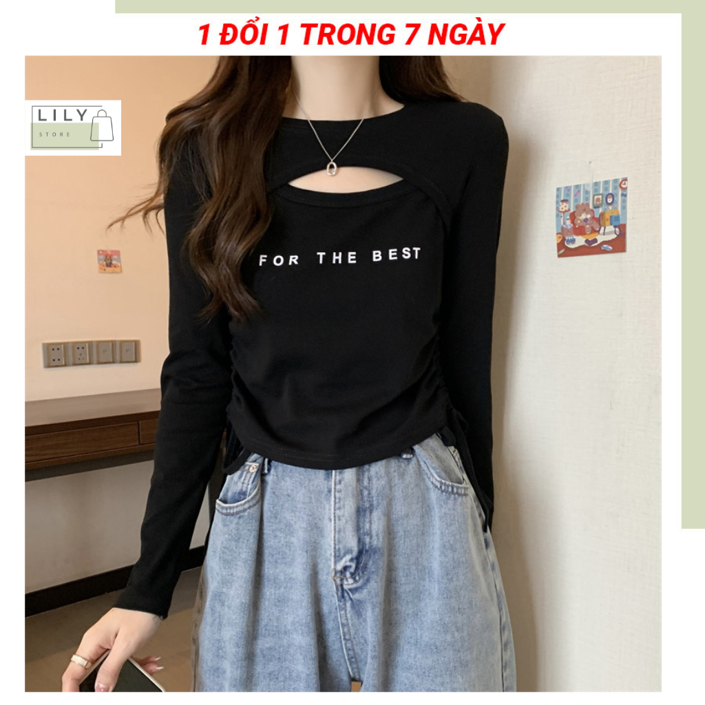 Áo thun dài tay nữ LILY, kiểu áo khoét ngực croptop dây rút AT31