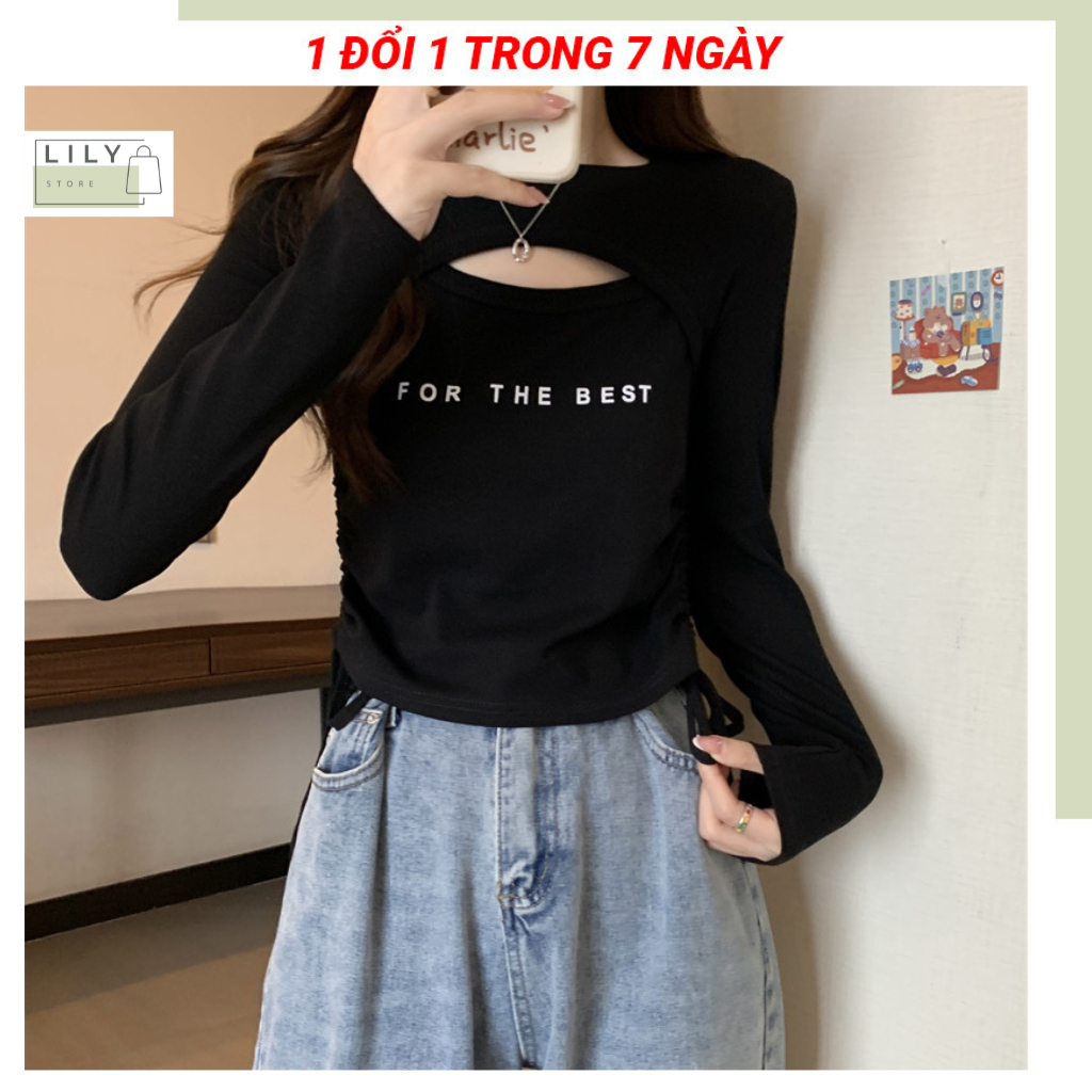 Áo thun dài tay nữ LILY, kiểu áo khoét ngực croptop dây rút AT31