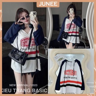 Áo Thun Nữ Dài Tay Cổ Tim Hetto Bro Có Mũ Phối Raglan Áo Phông Nữ Tay Dài Dáng Thụng Freesize B321112