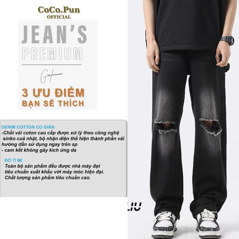 Quần jean baggy nam rách WASH trắng đen 2 gối gấu ống suông rộng chất vải bò cao cấp RG01 Ullzang hàn quốc COCO.PUN 2023