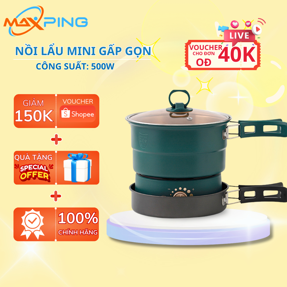 Nồi Lẩu Điện Đa Năng Kèm Chảo Chống Dính Công Suất 500W, Có Tay Cầm Gấp Gọn Khay Hấp Mang Đi Du Lịch Dã Ngoại Tiện Dụng