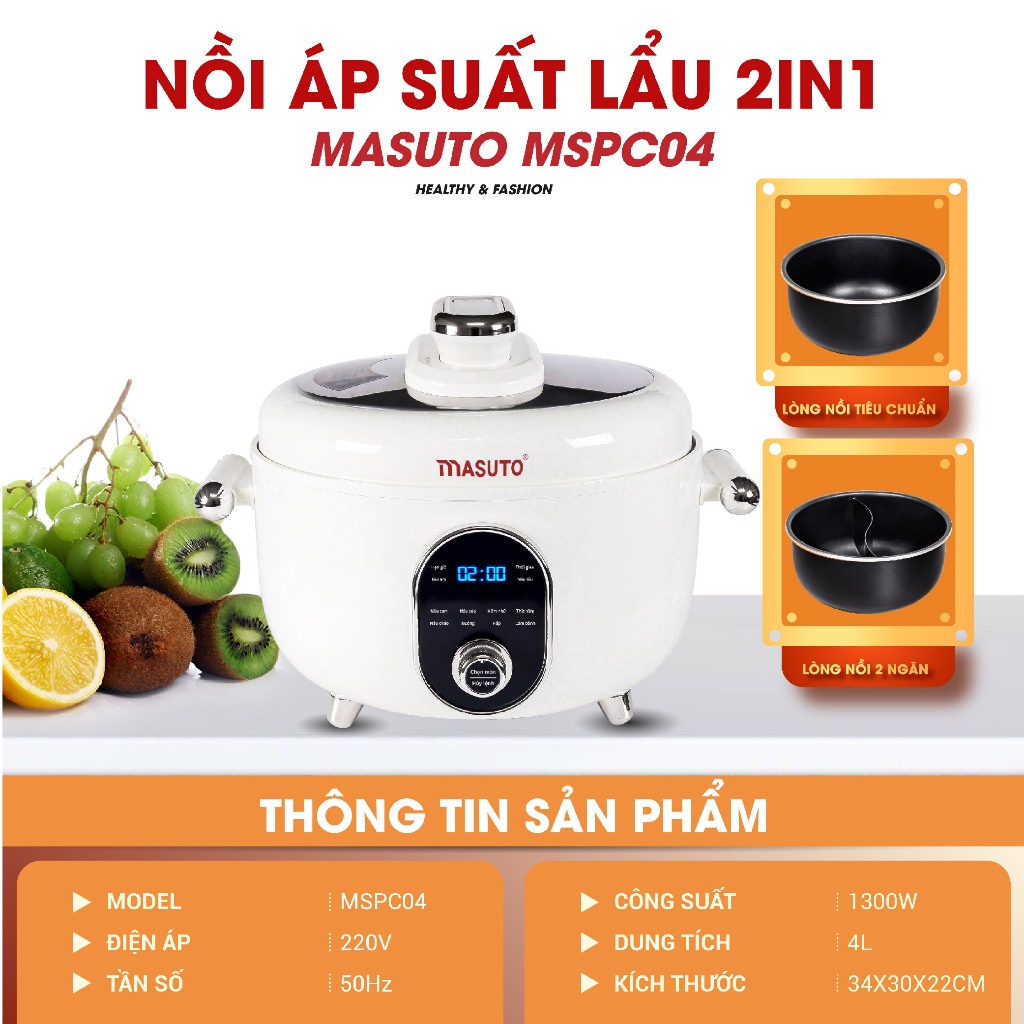 Nồi Áp Suất Điện Đa Năng Masuto 2 in1 Dung Tích 4L Công Suất 1300W Lòng Nồi 2 Ngăn