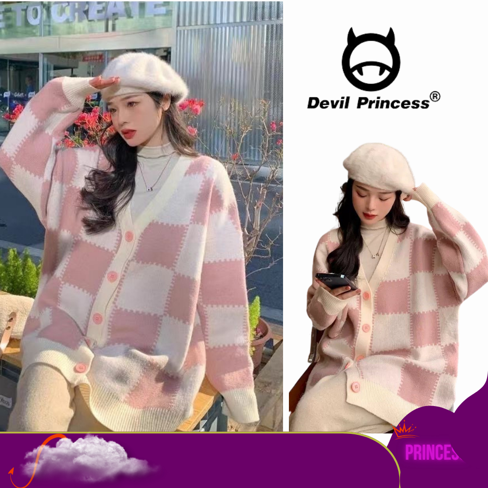 Cardigan khoác ngoài len nữ màu hồng kẻ ô dễ thương DELIZ áo len dài tay Devil Princess