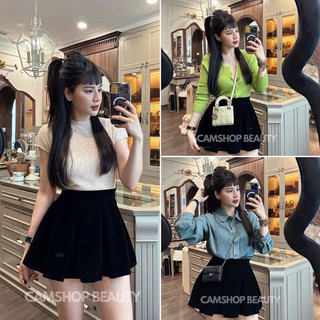  Chân váy nhung xoè váy xếp ly cạp cao ly to có quần bảo hộ 
